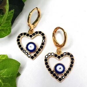 Gold Filled Black Zirconia Heart Evil Eye Huggie Earrings